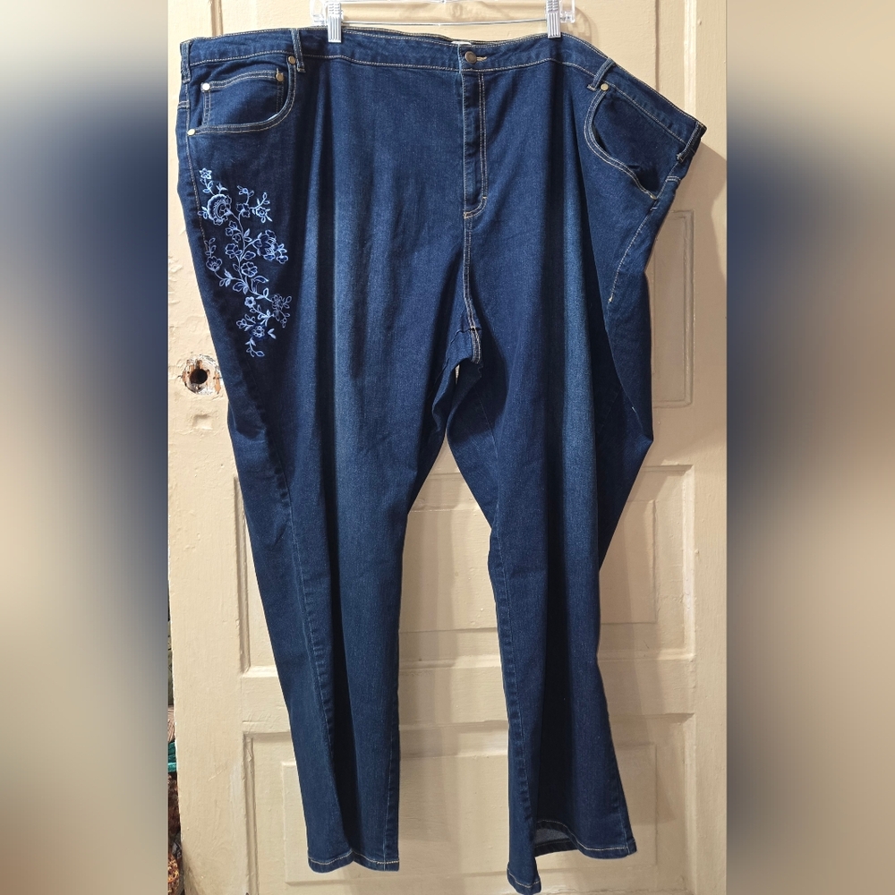 Woman Within Embroidered Straight Leg Dark Wash Denim Jean GUC Size: 40W